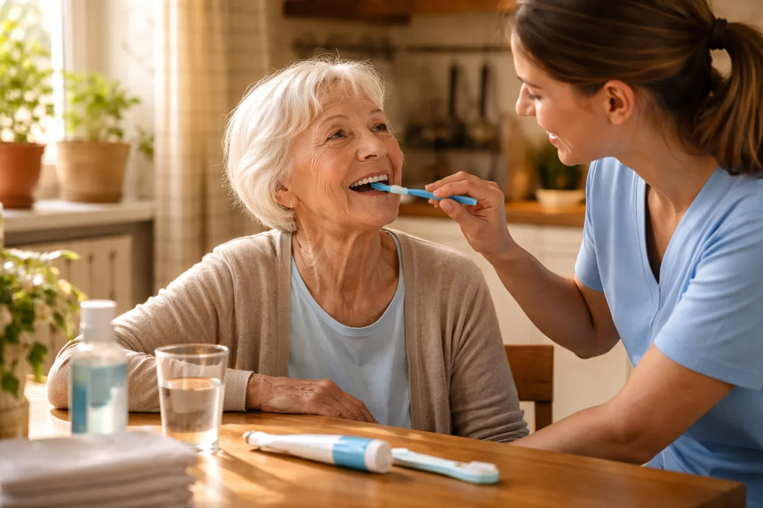 Professionelle Pflege und Betreuung - Illustration zum Thema: Mund- und Zahnpflege bei Pflegebedürftigen: Praxisratgeber