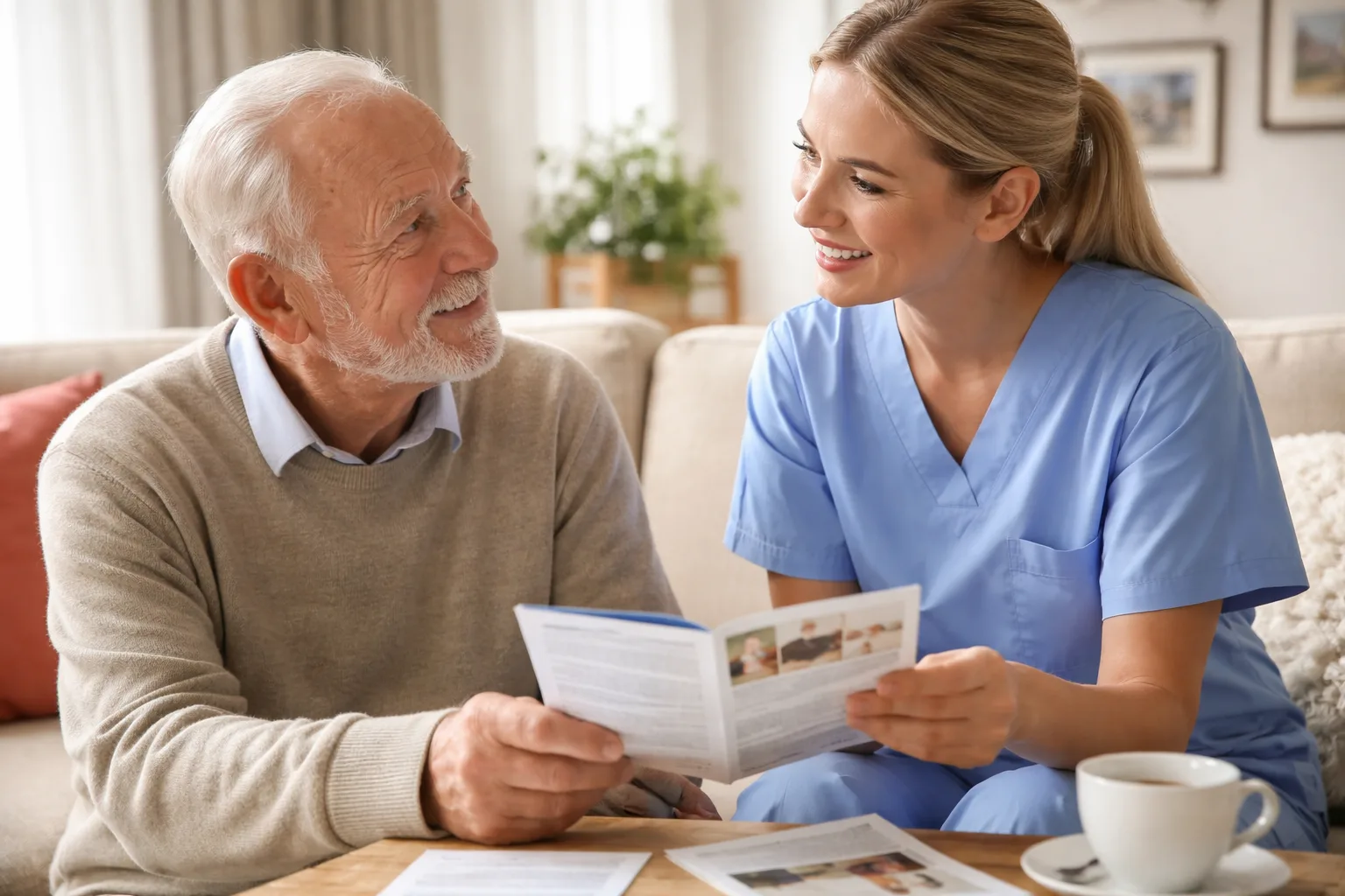 Professionelle Beratung zu Pflegegraden - Betreuerin erklärt älterer Person die verschiedenen Pflegestufen