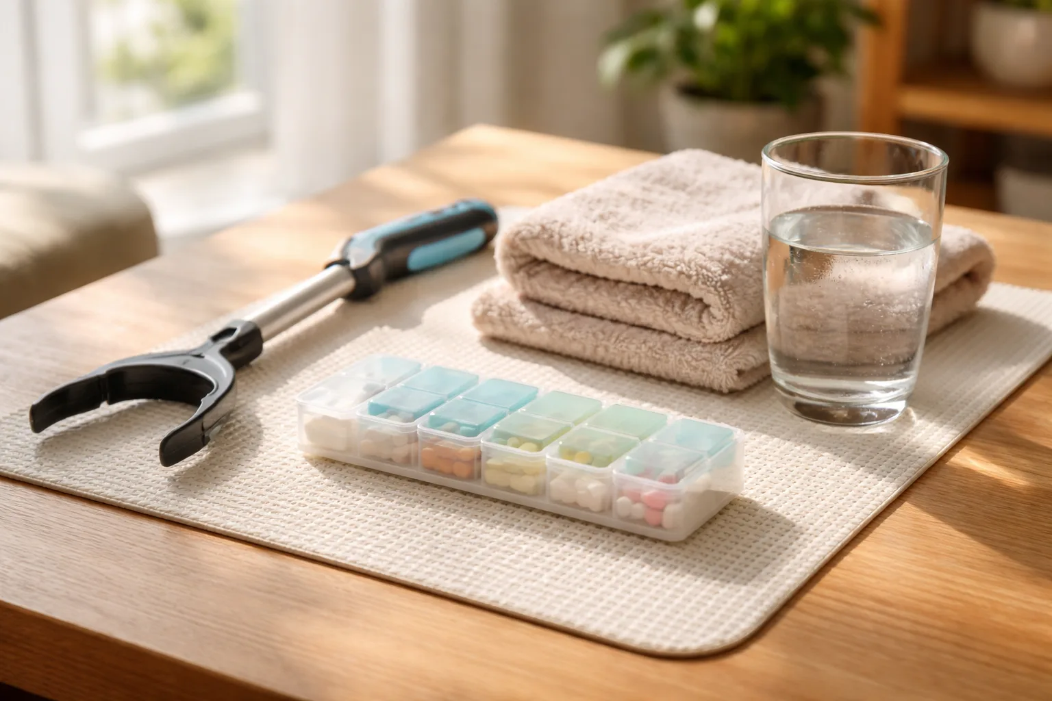 Moderne Pflegehilfsmittel und Mobilitätshilfen in einem barrierefreien Wohnbereich