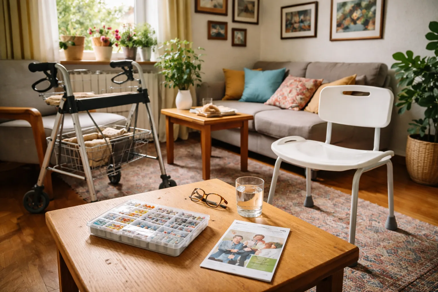 Moderne Pflegehilfsmittel und Mobilitätshilfen in einem barrierefreien Wohnbereich